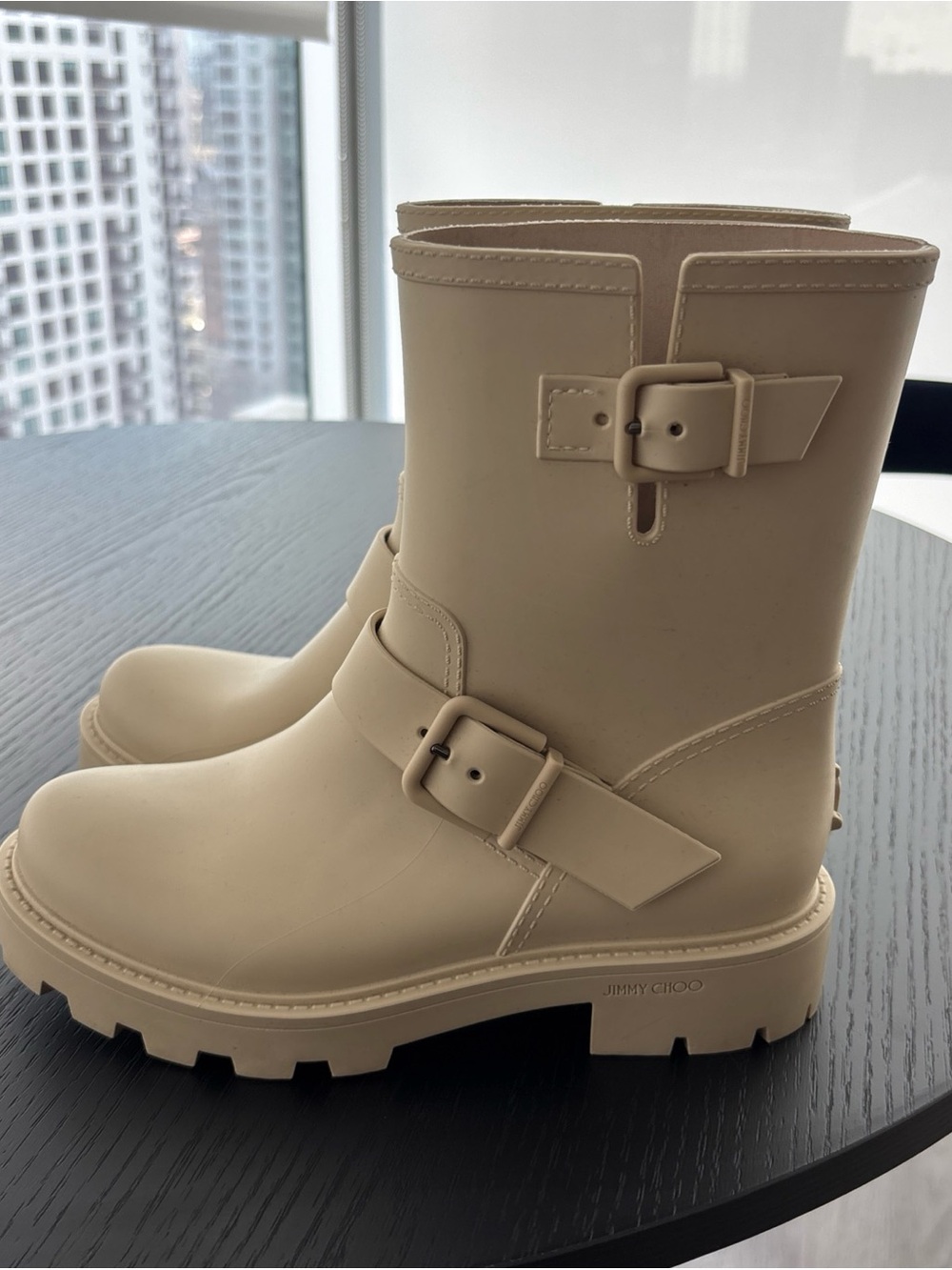 Jimmy Choo Cream Lug Sole Yael Buckle Boots Rain Boots Slip On EU 37 / US 7